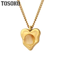 tosoko stainless steel jewelry heart shaped inlaid opal pendant necklace womens elegant collarbone chain bsp463