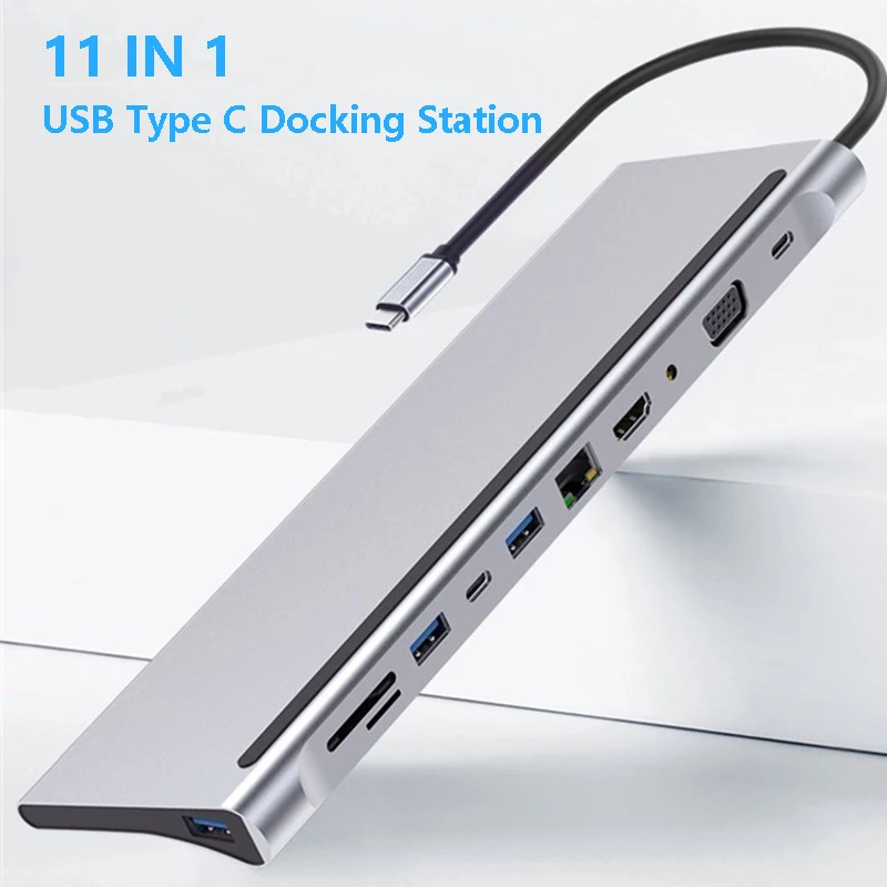 

11 IN 1 USB C Hub to HDMI 4K HD RJ45 VGA 3.5mm AUX 87W PD SD/TF Reader Multi-port USB Splitter Adapter for MacBook Huawei Laptop