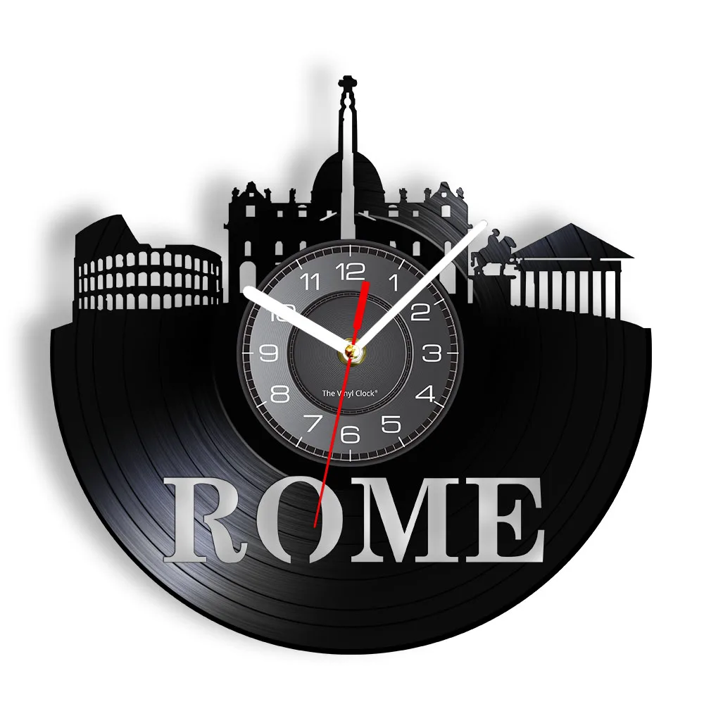 Rome Skyline Wall Clock Italy Capital Cityscape Vinyl Record Wall Clock Rome Landmarks Silhouette Wall Art Decorative Wall Watch
