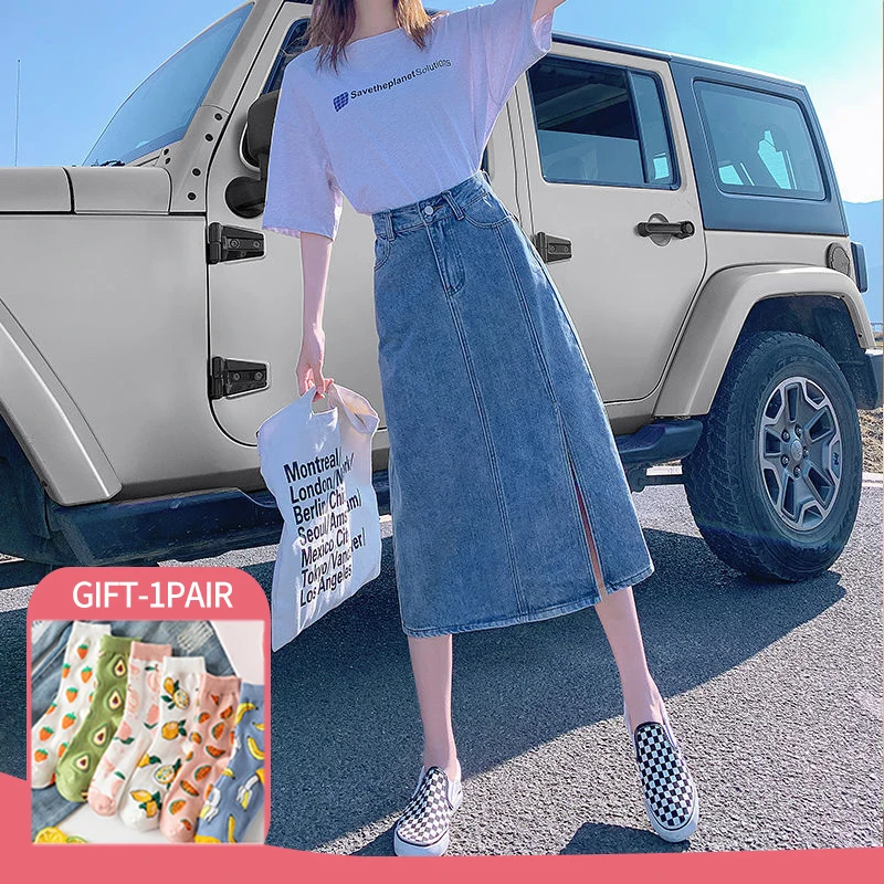

Women's Skirts New 2022 Summer Fashion Trend Women Clothing Split High Waist Skirt light Blue A-line Mid-Length Denim Skirt