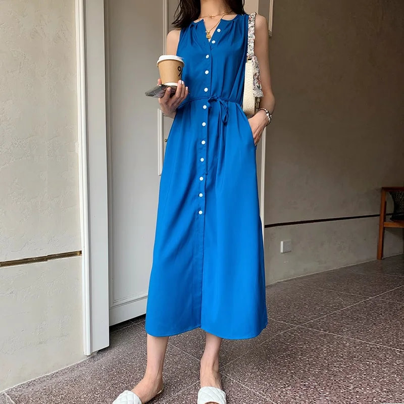 Vintage Button Sexy Split Sleeveless Long Dress Women Bottoming Vest Mini Dress Elegant Office Long Dress Lace Up Boho Dress