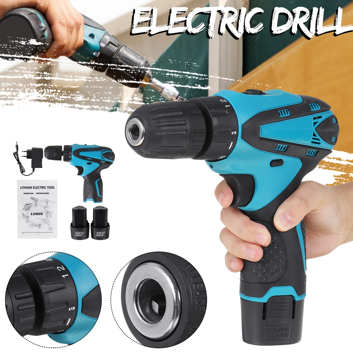 

Brushless Electric Hammer Drill Electric Screwdriver Cordless Impact Drill with 1/2 Lithium-Ion Battery