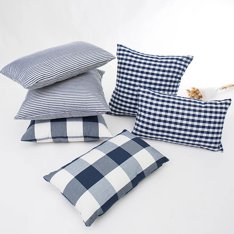 

Blue Plaid Yarn Dyed Cotton Linen Tasselled Cushion Cover 45x45cm Stripes Geometry Pillowcase Japanese Decorations 30x50cm