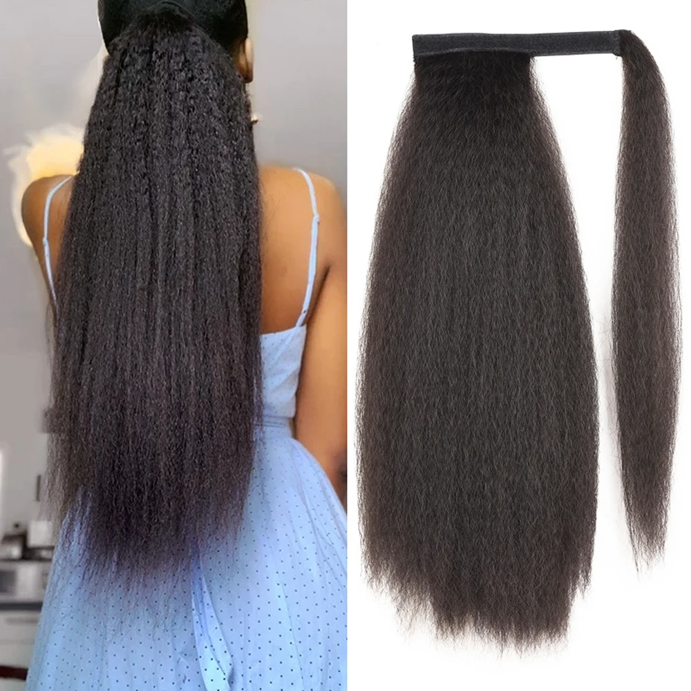 

Kinky Straight Ponytail Brazilian Human Hair Extensions 100g Wrap Around Clip In Ponytail Natural Black Human Hair Ponytails