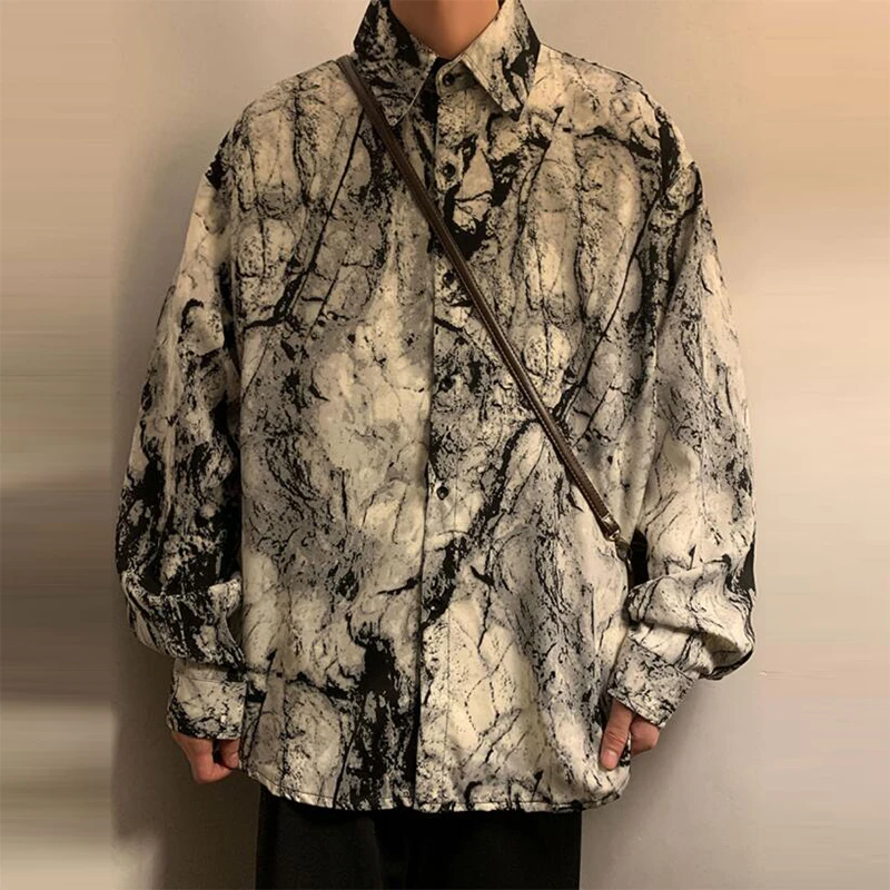 

Рубашка Y2K мужская с длинным рукавом, модная Повседневная блуза на пуговицах, с отложным воротником, свободная уличная одежда с трендовым принтом, весна 2023