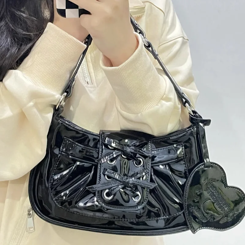 

Girly Shoulder Bag Women 2021 Ribbon Bow Pleated Patent Leather Female Baguette Bag Korea Ladies Underarm Pouch With Heart
