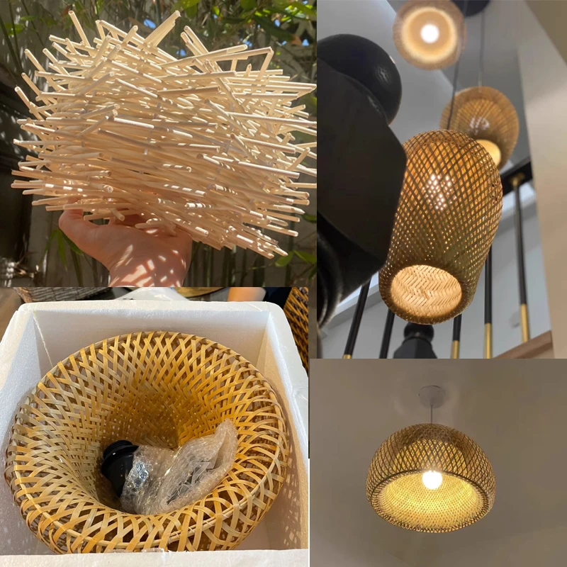 

With LED Bulb Rattan Wicker Bamboo Wood Pendant Light Ceiling Lustre Chandelier Hanglamp Hand Craft Home Living Bed Room Decor