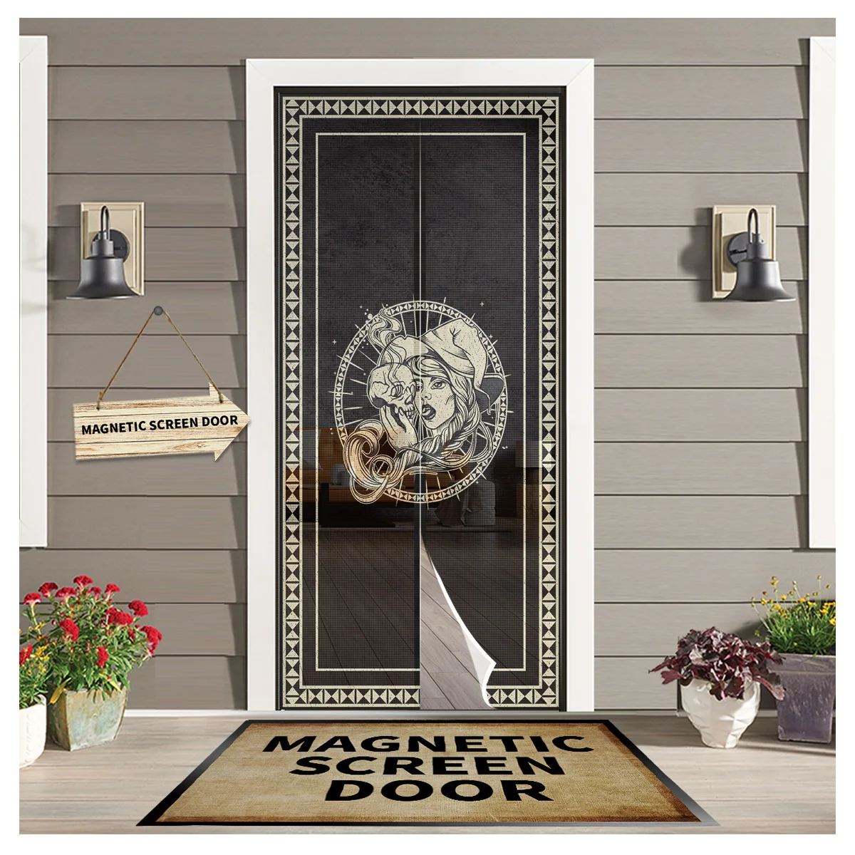 

Halloween Witch Skull Door Curtains Summer Magnetic Anti-mosquito Screen Insect Fly Bug Home Kitchen Printed Curtains