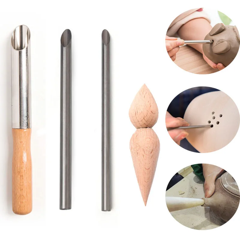 

Teapot Stainless Steel Puncher Wooden Spout Shaping Tool Pottery DIY Handmade Clay Perforation Set