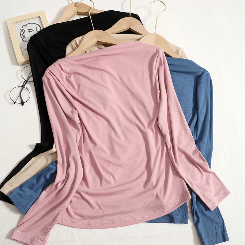 

Hikigawa Chic Fashion Women Tops Autumn Pleated Slash Neck Off Shoulder Long Sleeve T-Shirts Solid Slim Fit Sweet Y2k Top Mujer