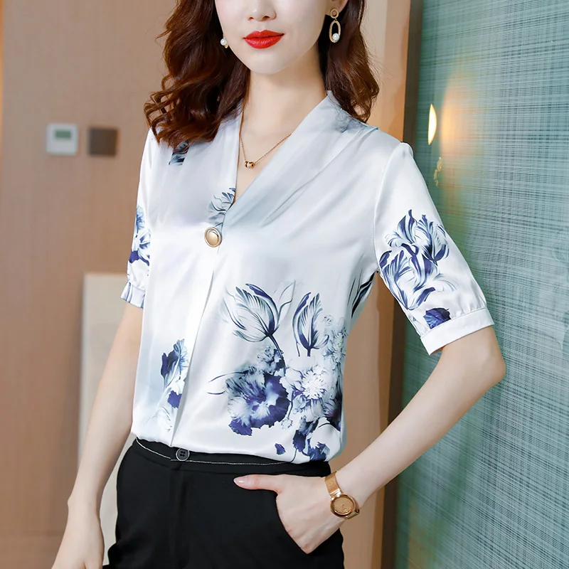 

Silk Women's Shirt 2023 Summer New Shirts and Blouses Temperament Ladies Tops Female Short Sleeve Blouse Femmes OL Woman Clothes