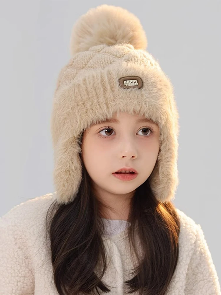 Детская шерстяная шапка для девочек зимняя теплая утолщенная плюшевая с