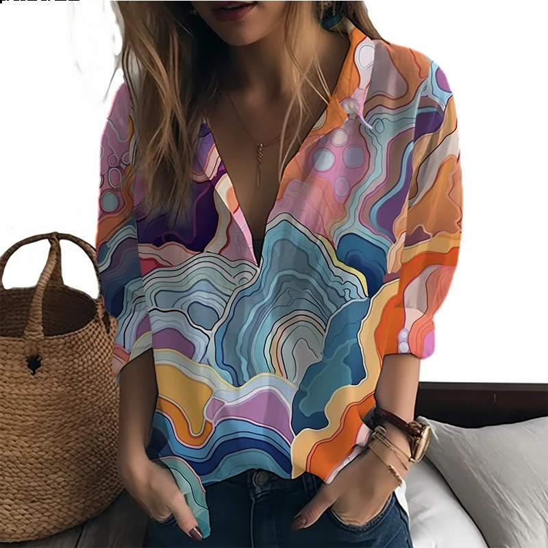 

Летняя новая женская рубашка с цветными блоками, блестящая женская рубашка с 3D принтом, яркая Повседневная стильная женская рубашка, трендовая Свободная Женская рубашка