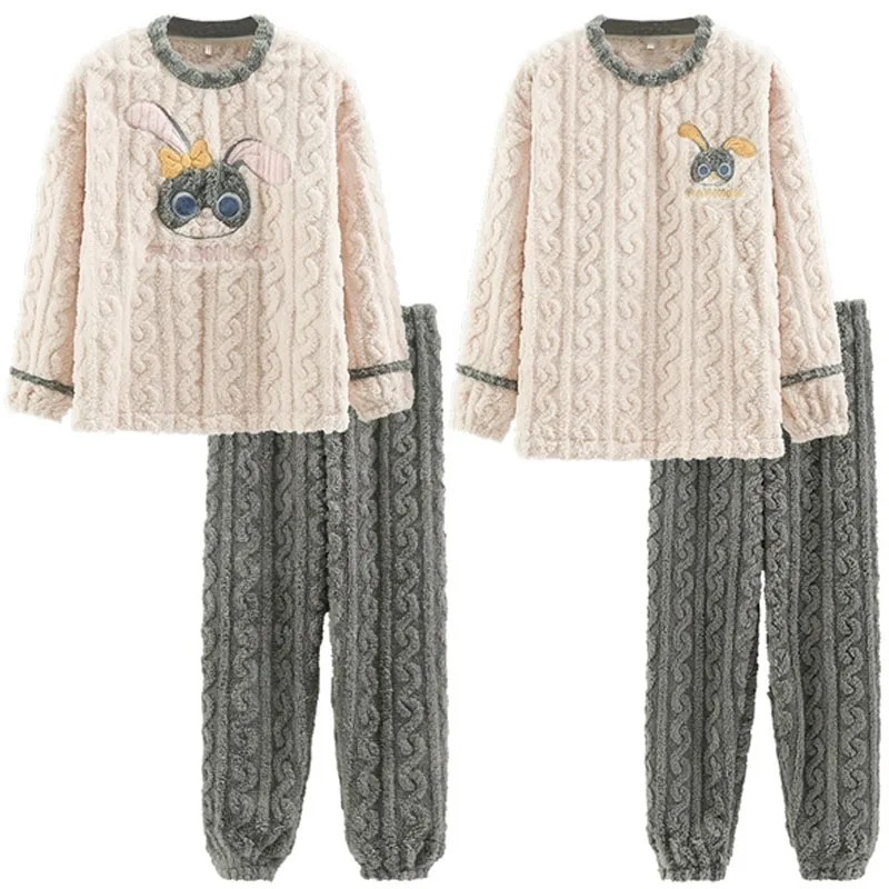 QUHENG Pajamas Set for Women Man Winter Long Sleeve Couple Thick Warm Flannel Pajama Sets for Cartoon Sleepwear Women Clothes