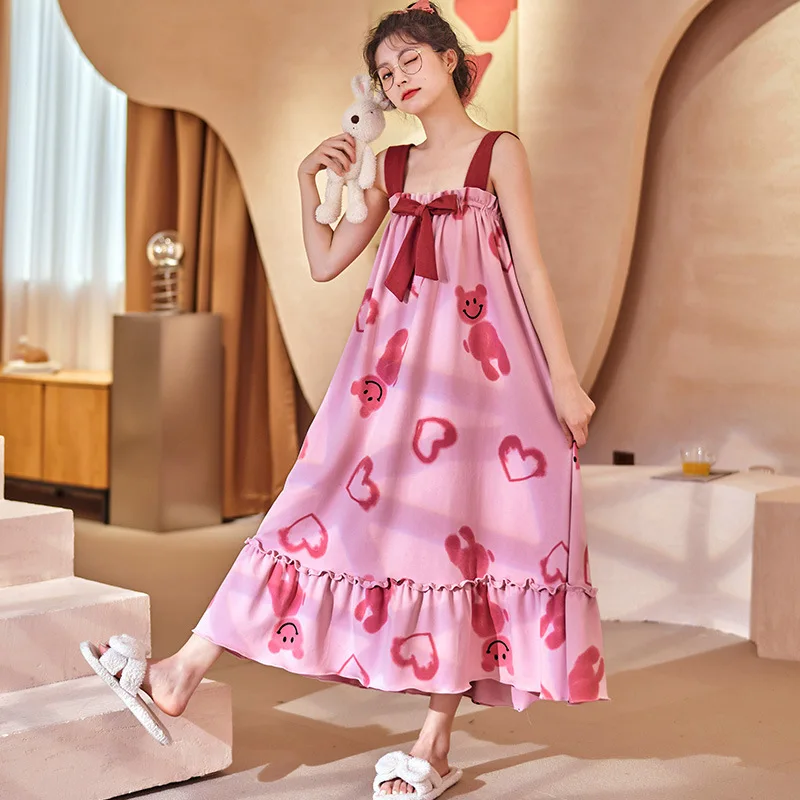 Women Cotton Sleepwear Casual Soft Love Heart Print Sleep Sleeveless Dress Pajamas