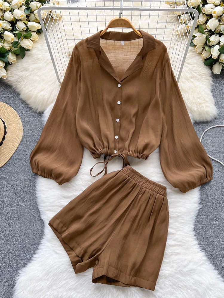 

Nomikuma Two Piece Sets Womens Outifits Lantern Sleeve Drawstring High Waist Wide Leg Conjunto Femenino Elegant Shorts Women