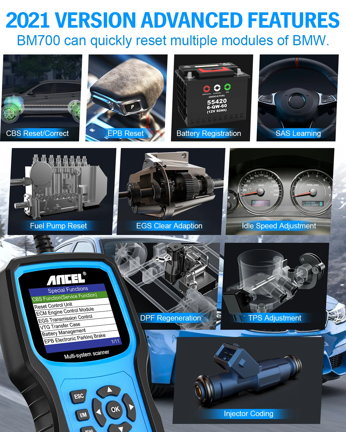ANCEL BM700 OBD2 Сканер для MINI EPB SAS Airbag TPMS Батарея Сброс масла Автомобильный сканер