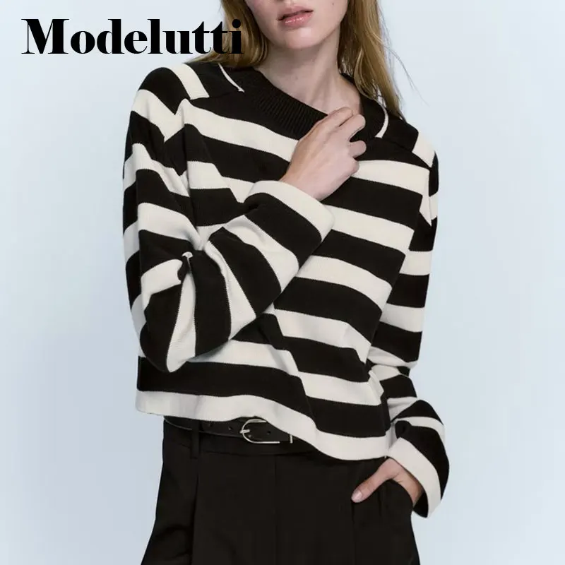 

Modelutti 2022 New Autumn Winter Women Shoulder-length Sleeves Pullover Striped Sweater Casual Fashion Simple Tops Female Chic