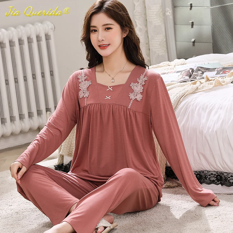 

Women Pajamas Plus Size 4XL Sleepwear Dropshipping Autumn Pajamas Set for Women Modal Pijamas Lady Floral Two Pieces Pajama Sets