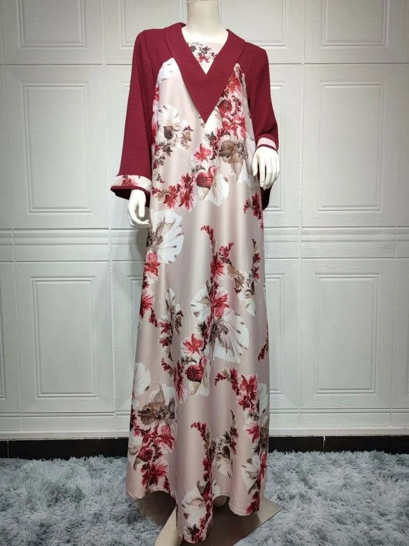 Abaya Muslim Long Dress Women Full Sleeve Islamic Clothing Robes Fashion Floral Print Splice Elegant Jalabiya Muslim Party Dress