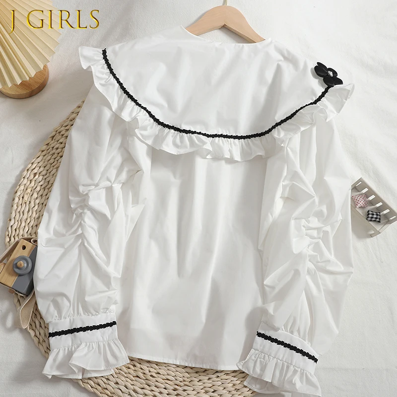 

N GIRLS Hit Color 3D Flowers Blouse Women Sweet Peter Pan Collar Top Shirts 2022 New Causal Long Sleeve Blusas Feminimos