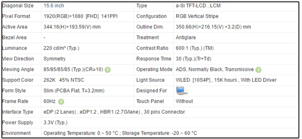 NV156FHM-N45 15 6-дюймовый тонкий ЖК-экран IPS 1920x1080 FHD 141PPI EDP 30 контактов 220 кд/м2 (тип.) 45% НТС
