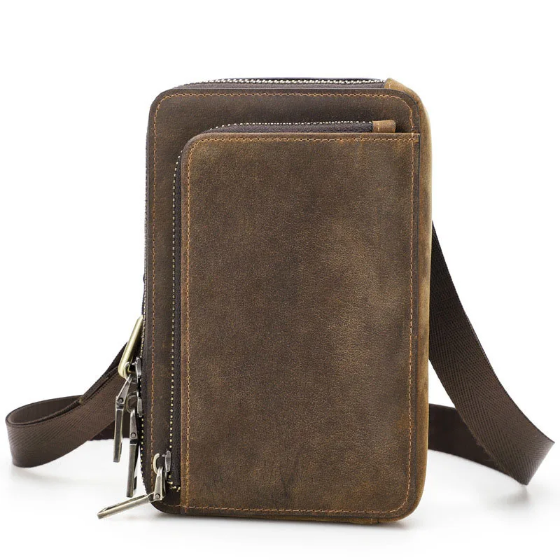 

Vintage Men's Phone Bag Multifunctional Top Layer Cowhide Vertical Square Single Shoulder Crossbody Bag