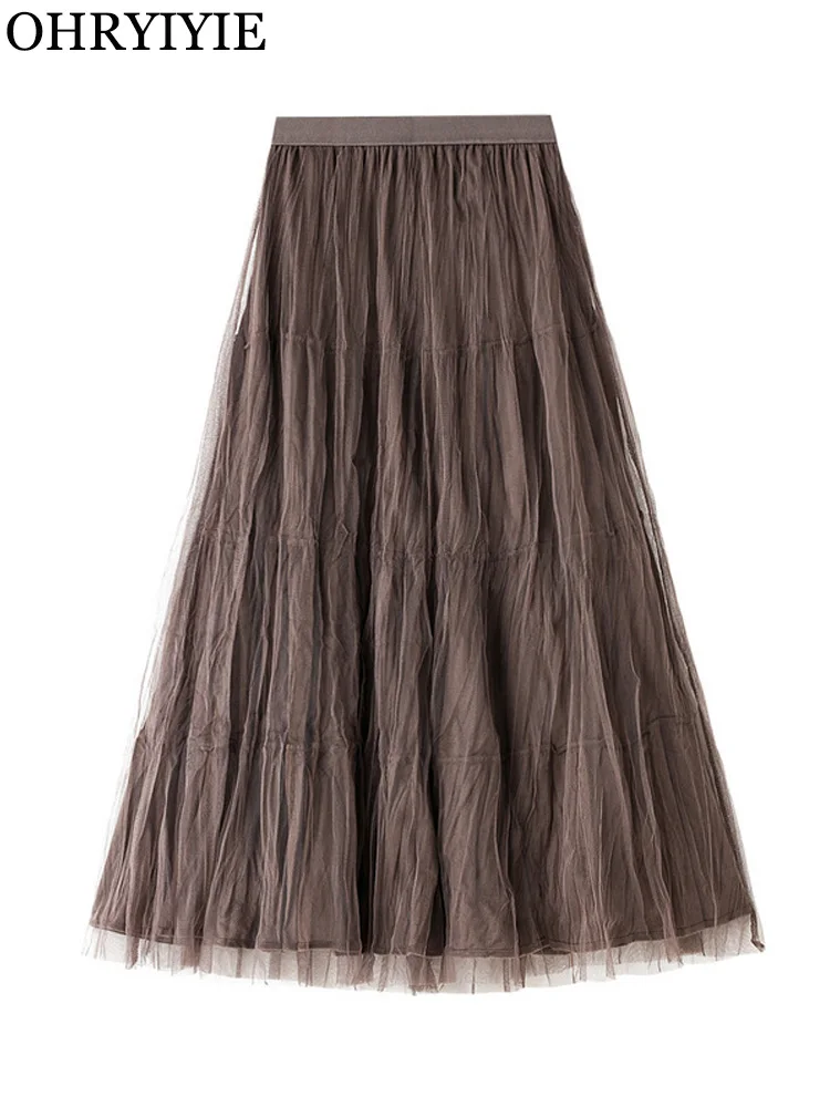 

OHRYIYIE Autumn Winter 2022 New Long Velvet Tulle Skirt Women Casual High Waist Midi Pleated Skirts Female Chic Reversible Skirt