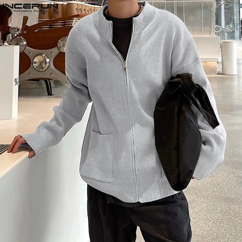 

INCERUN Топы 2023, мужские полосатые куртки в Корейском стиле с металлической молнией, модный мужской вязаный кардиган, куртки с длинным рукавом, пальто