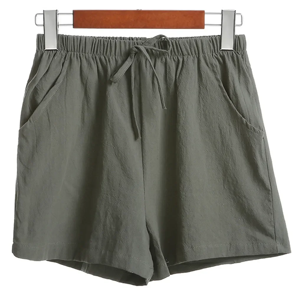 Summer Elegant High Waist Flax Shorts Women Casual Solid Wide Leg Loose Cotton Short Pants Bottom Pant Pocket Black Trouser