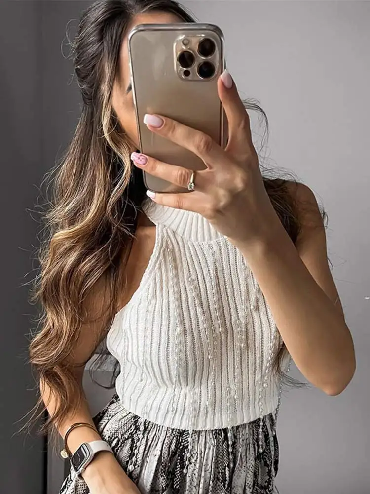 

Women Fashion Pearl Beading Knit Tanks 2023 Spring Street Off Shoulder O-Neck Sweater Vest Casual Female White Tassels T-shirt