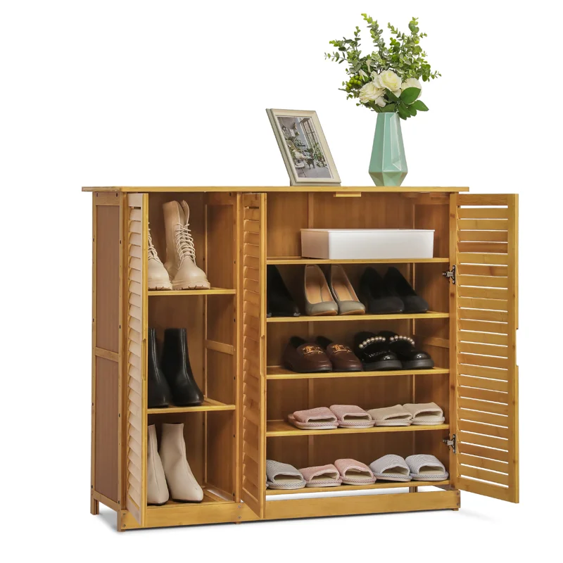 

Bamboo 5-Tier 21 Pairs Shoes Rack Blinds with Door, Natural, Varnished, for Living Room