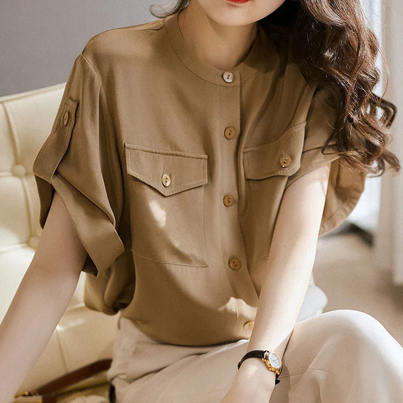 

Single-breasted Safari Style Solid Pockets Casual Top Women Vintage Shirts Summer 2022 Patchwork Chiffon Basic Round Neck Blouse