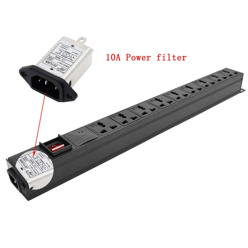 

PDU 9 Unit Universal Outlet Power strip Network Cabinet Rack Dual Break Switch wave filter IEC-C14 port lightning protection