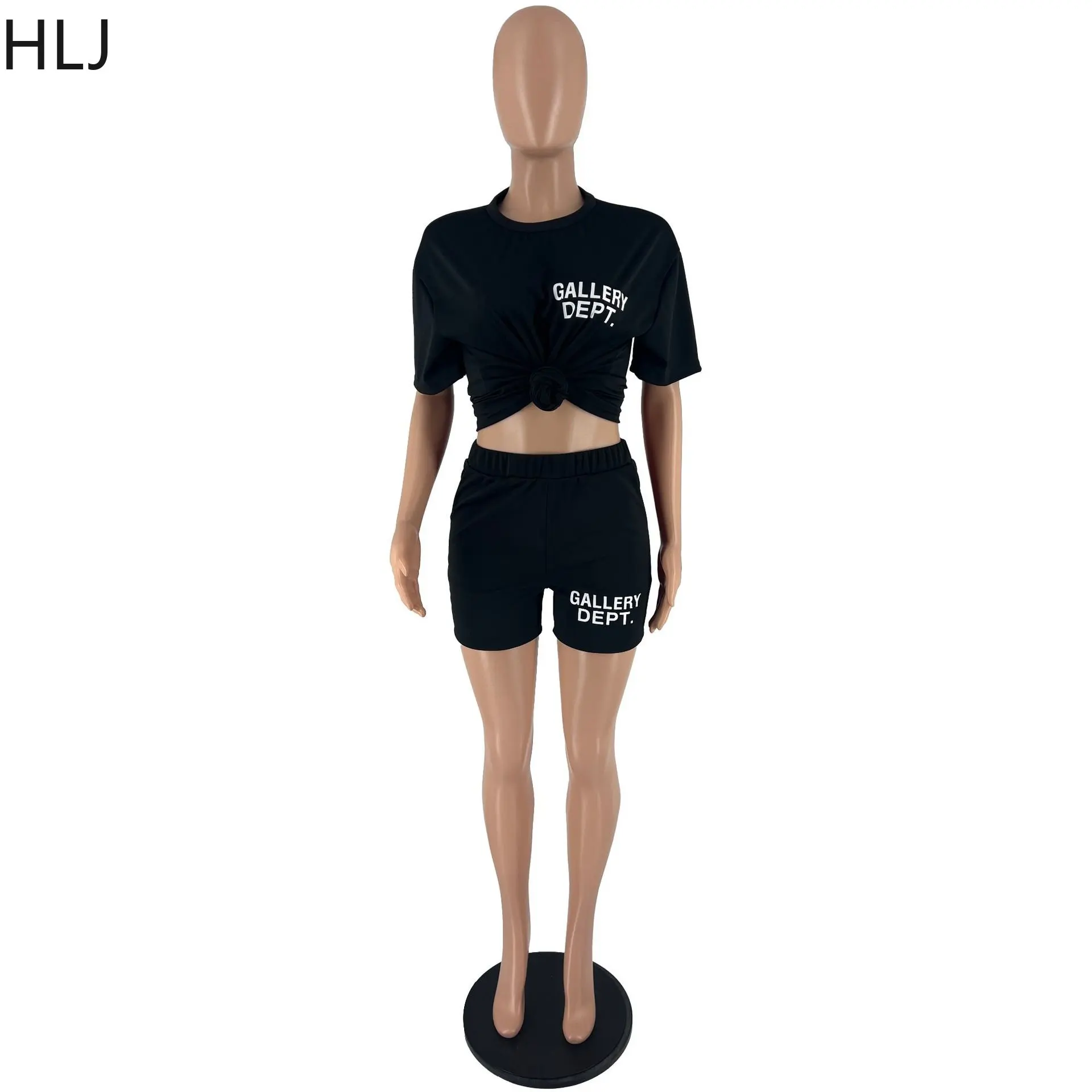 HLJ Summer Casual Letter Print Shorts Two Piece Sets Women Round Neck Tshirt And Shorts Tracksuits Female Matching 2pcs Outfits images - 6