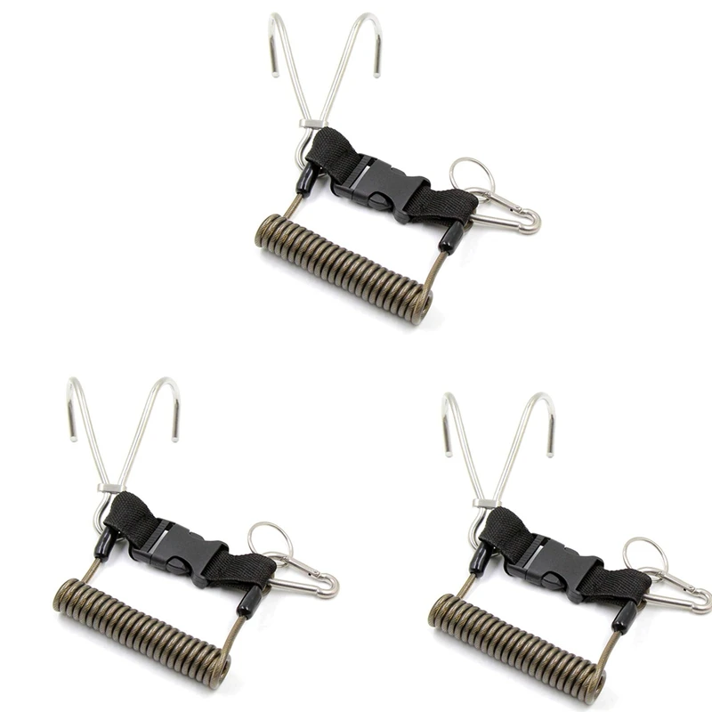

3X Scuba Reef Stainless Steelhook Double Diving Reef Hook With Spiral Coil Lanyard Diving Safe Accessories