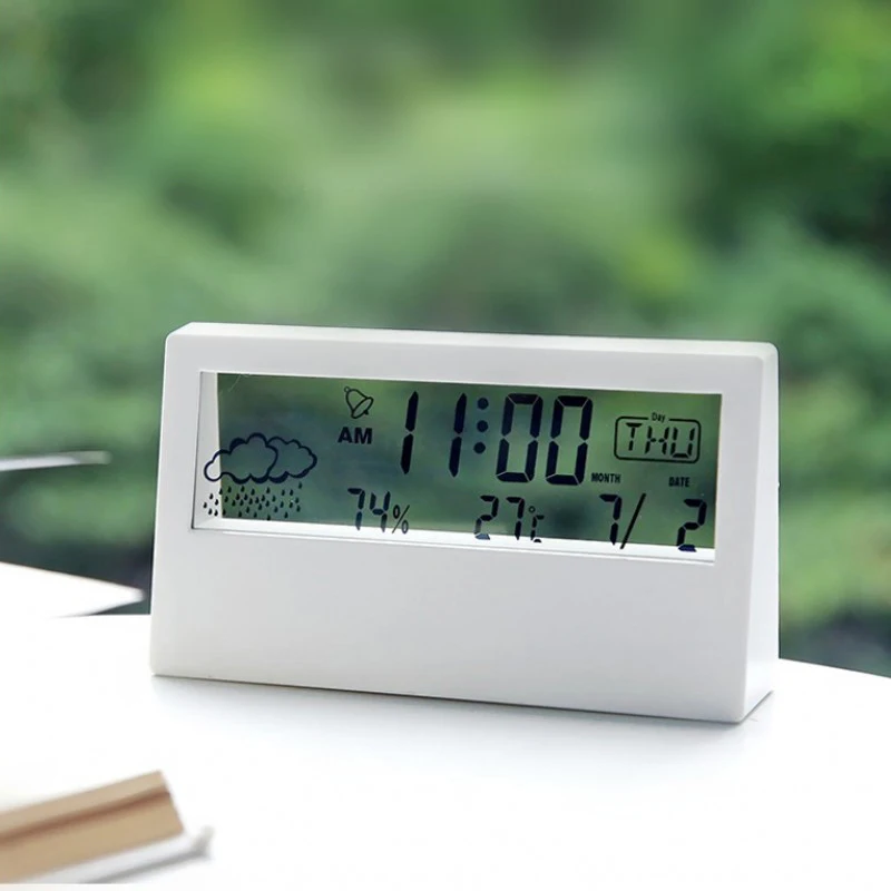 

Электронный будильник с прозрачным экраном, часы с календарем, покасветодиодный температуру и влажность, светодиодные настольные часы, сту...