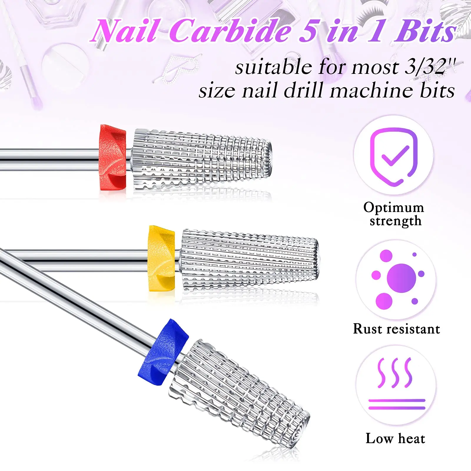 

5 In 1 Nail Drill Bits 3/32" Shank Tungsten Carbide Tapered Efile Bit for Nails Fast Removing Acrylic Nail Hard Gels Cuticle