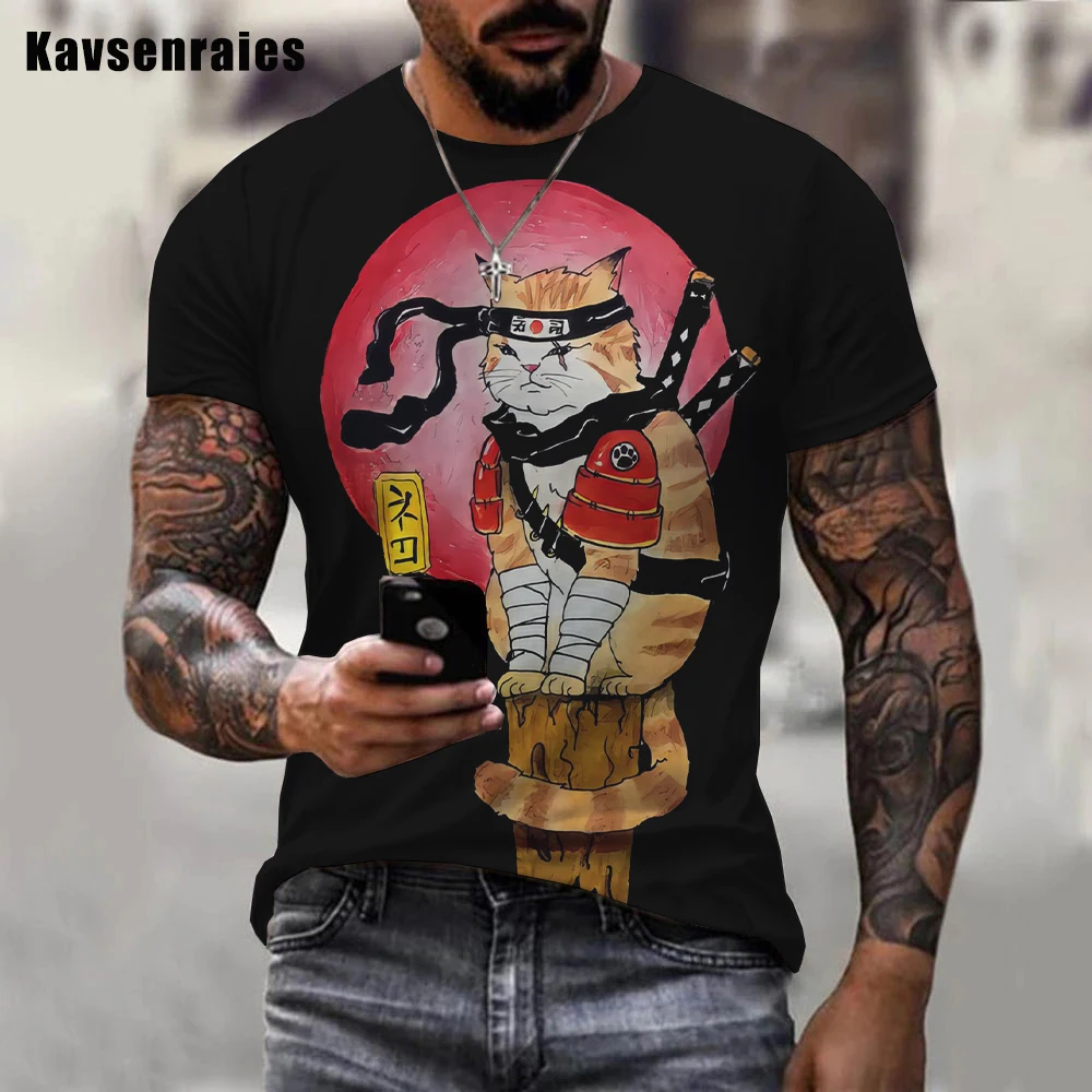 Футболка мужская с 3D-принтом японского самурайского кота модная повседневная