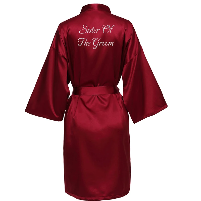 OWITER Burgundy Women Silk Satin Bride Robe Bridal Kimono Robe Bridesmaid Robes Wedding Party Sleepwear Bathrobe Dressing Silver