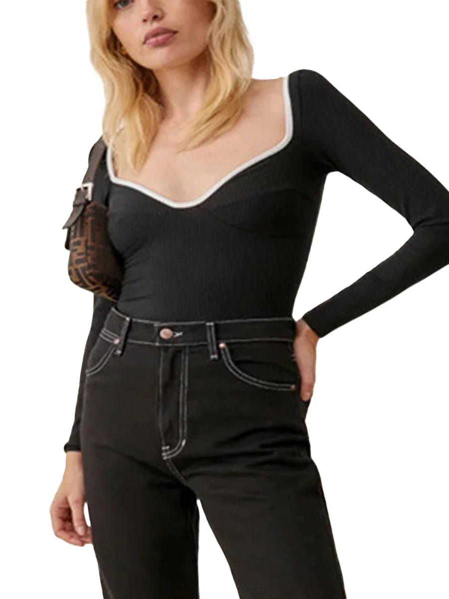 

Женская Повседневная облегающая футболка с длинным рукавом и V-образным вырезом, модный однотонный офисный пуловер в стиле пэчворк, облегаю...