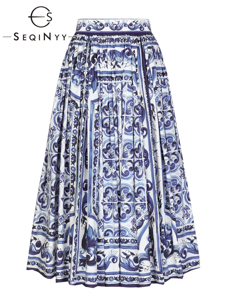 SEQINYY 100% Cotton Skirt Summer Spring New Fashion Design Women Runway High Quality Sicily Blue Flowers Print Midi A-Line