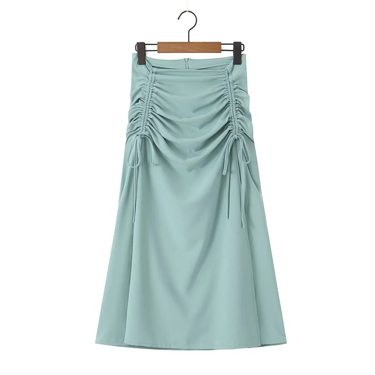 

Women 2023 New Chic Fashion Drawstring Fold Slit Midi Skirt Vintage High Waist Back Zipper Female Skirts Mujer