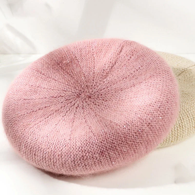 Winter Large beret caps for women temperament versatile Sequined rabbit hair blend vintage painter cap high-quality knitted hat