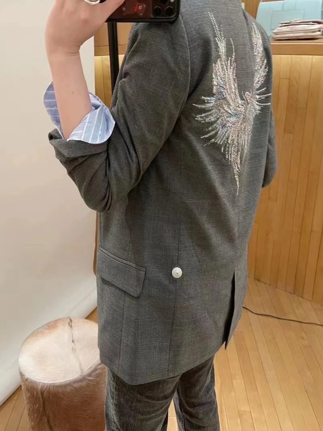 

Back Wing Pattern Blazers Casual Classic Women Jacket 2022 Spring Fashion Streetwear Solid Hot Drill Pockets Lady Tops Outwear