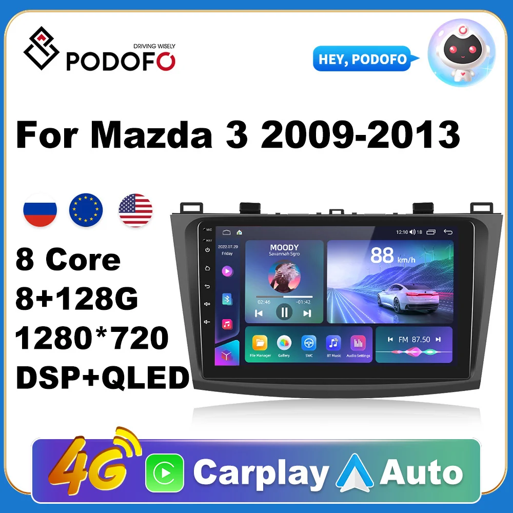 

Podofo Android 10 автомобильный dvd-плеер для Mazda 3 2009-2013 автомобильный Радио Мультимедийный видео плеер WIFI RDS навигация GPS 2din Carplay