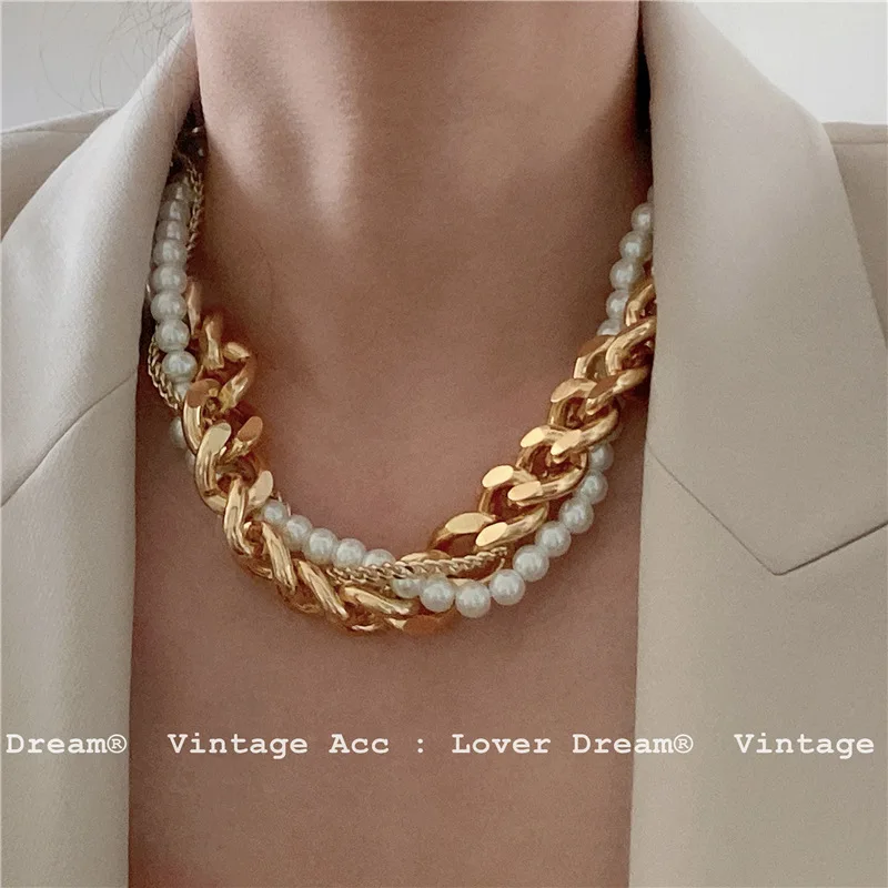 

Triple Layered Twisted Beaded Pearl Necklace Wide Chunky Cuban Link Chain Necklaces for Women Punk Vintage Statement Jewelry