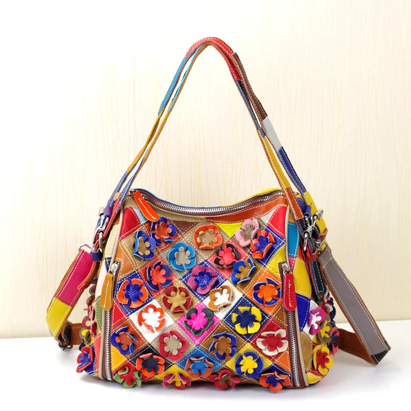 

CYY Colorful Floral Decorative Layer Cowhide Handbag Genuine Leather Handmade Crossbody Bag Large Capacity Checked Shoulder Bag