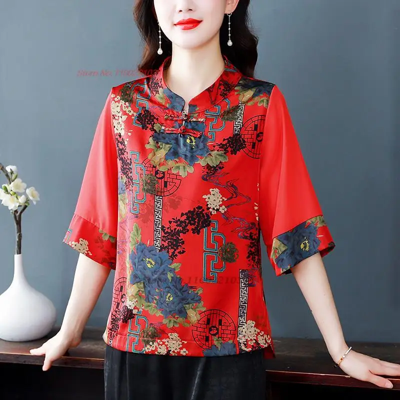 

2023 chinese traditional qipao blouse national flower print satin blouse cheongsam ladies ethnic blouse oriental retro tang suit