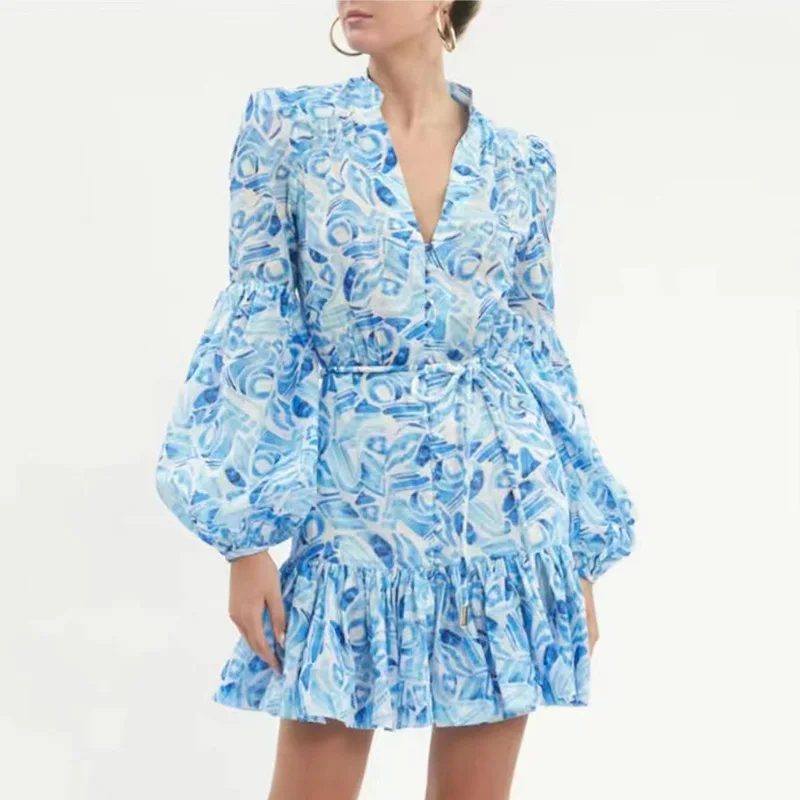 

Женское праздничное платье с V-образным вырезом, голубое однобортное короткое платье с рукавами-фонариками, поясом и V-образным вырезом, новинка 2023